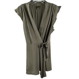 Fei Anthro Olive 100% Silk Wrap Flutter Front Top Sz 12 Office Elevated Fairy